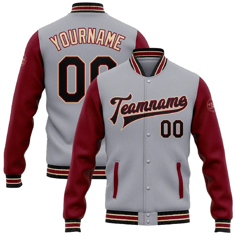 Minimalist Unisex Wardrobe Must-Haves Classic Modern Offers Custom Gray Black Crimson-City Cream Bomber Full-Snap Varsity Letterman Two Tone Jacket Minimalist Unisex Wardrobe Must-Haves Classic Modern Offers Custom Gray Black Crimson-City Cream Bomber Full-Snap Varsity Letterman Two Tone Jacket