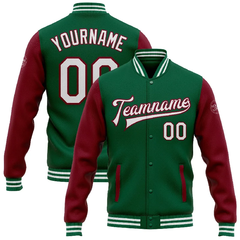 Relaxed-Fit Unisex Clothing Options Elegant Style Custom Kelly Green White-Crimson Bomber Full-Snap Varsity Letterman Two Tone Jacket Relaxed-Fit Unisex Clothing Options Elegant Style Custom Kelly Green White-Crimson Bomber Full-Snap Varsity Letterman Two Tone Jacket