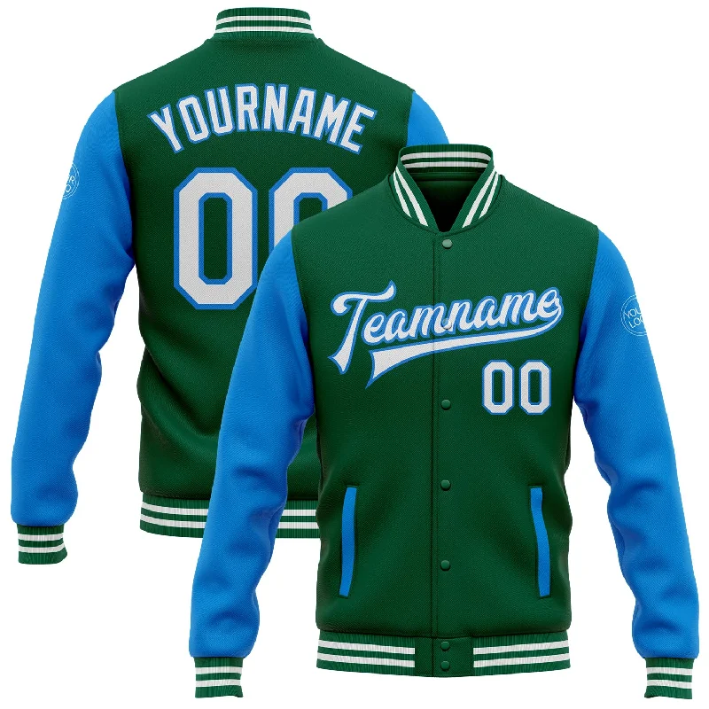 Comfortable And Stylish Unisex Outfits Clearance Event Custom Kelly Green White-Powder Blue Bomber Full-Snap Varsity Letterman Two Tone Jacket Comfortable And Stylish Unisex Outfits Clearance Event Custom Kelly Green White-Powder Blue Bomber Full-Snap Varsity Letterman Two Tone Jacket