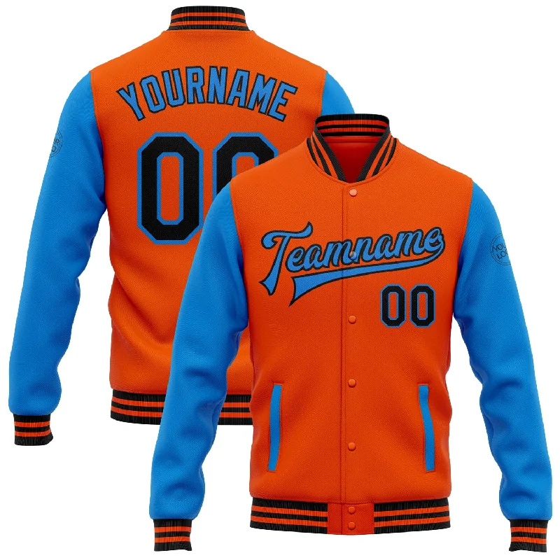 Modern Unisex Wardrobe Staples Fashion-Forward Offers Custom Orange Black-Powder Blue Bomber Full-Snap Varsity Letterman Two Tone Jacket Modern Unisex Wardrobe Staples Fashion-Forward Offers Custom Orange Black-Powder Blue Bomber Full-Snap Varsity Letterman Two Tone Jacket