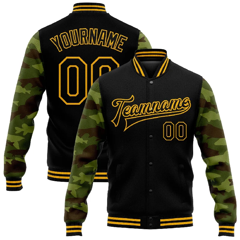 Modern Unisex Streetwear Outfits Affordable Luxury Fashion Custom Black Gold Fish Camo Sleeves 3D Pattern Design Bomber Full-Snap Varsity Letterman Jacket Modern Unisex Streetwear Outfits Affordable Luxury Fashion Custom Black Gold Fish Camo Sleeves 3D Pattern Design Bomber Full-Snap Varsity Letterman Jacket
