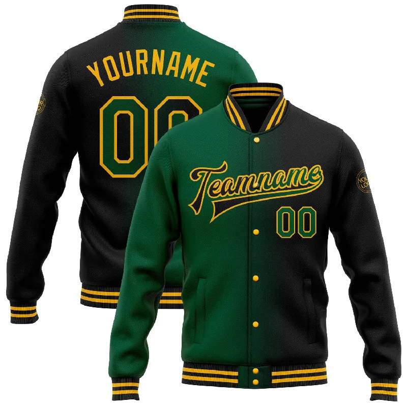 Oversized And Relaxed Unisex Fashion Flash Sale, Don'T Miss Custom Black Kelly Green-Gold Bomber Full-Snap Varsity Letterman Gradient Fashion Jacket Oversized And Relaxed Unisex Fashion Flash Sale, Don'T Miss Custom Black Kelly Green-Gold Bomber Full-Snap Varsity Letterman Gradient Fashion Jacket