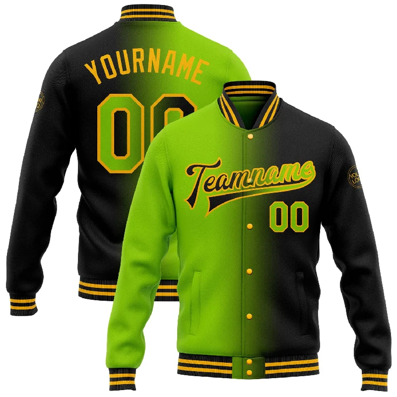 Urban Unisex Fashion Outfits Get The Latest Trends Custom Black Neon Green-Gold Bomber Full-Snap Varsity Letterman Gradient Fashion Jacket Urban Unisex Fashion Outfits Get The Latest Trends Custom Black Neon Green-Gold Bomber Full-Snap Varsity Letterman Gradient Fashion Jacket
