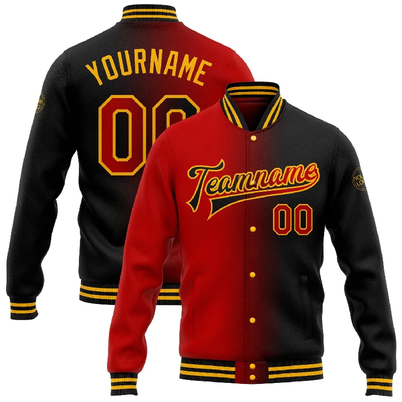 Urban-Inspired Unisex Fashion Pieces Budget-Friendly Fashion Custom Black Red-Gold Bomber Full-Snap Varsity Letterman Gradient Fashion Jacket