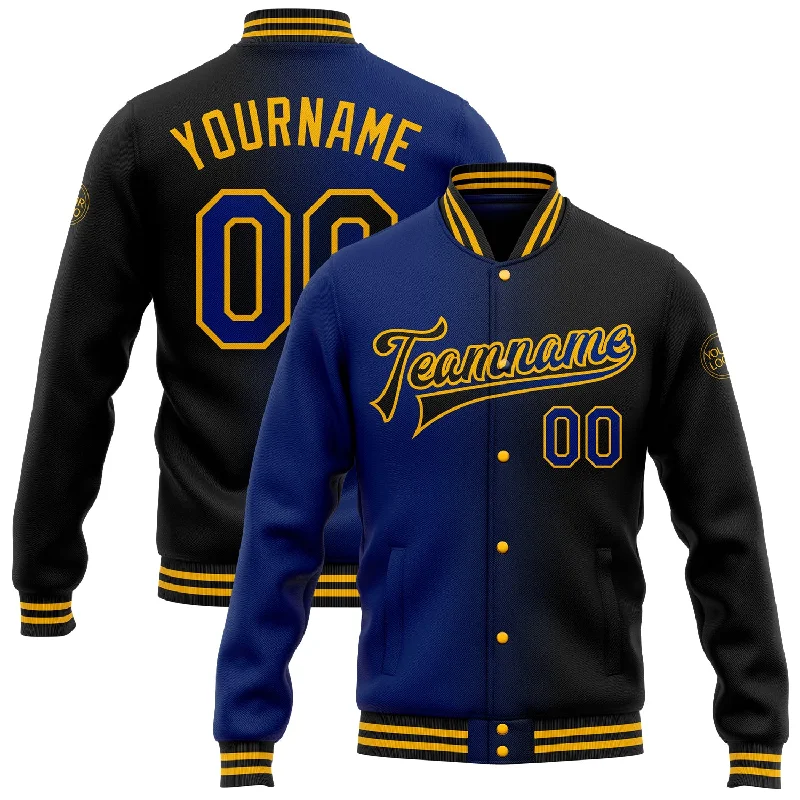 High-Quality Unisex Basics For All Occasions Comfortable Chic Custom Black Royal-Gold Bomber Full-Snap Varsity Letterman Gradient Fashion Jacket High-Quality Unisex Basics For All Occasions Comfortable Chic Custom Black Royal-Gold Bomber Full-Snap Varsity Letterman Gradient Fashion Jacket