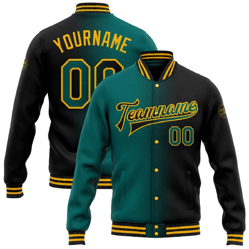 Urban-Inspired Unisex Fashion Trends Limited Stock, Big Discounts Custom Black Teal-Gold Bomber Full-Snap Varsity Letterman Gradient Fashion Jacket Urban-Inspired Unisex Fashion Trends Limited Stock, Big Discounts Custom Black Teal-Gold Bomber Full-Snap Varsity Letterman Gradient Fashion Jacket