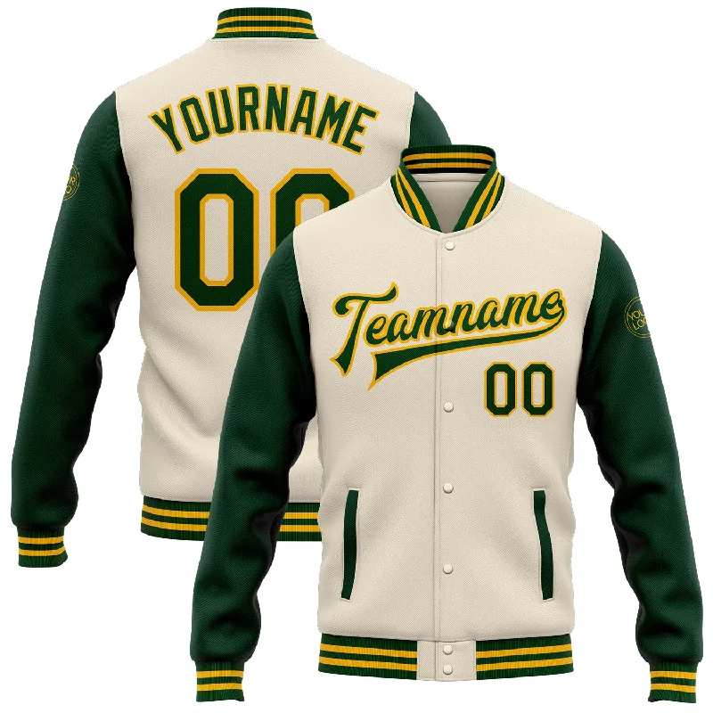 Urban Unisex Fashion Outfits Fashion Sale Custom Cream Green-Gold Bomber Full-Snap Varsity Letterman Two Tone Jacket Urban Unisex Fashion Outfits Fashion Sale Custom Cream Green-Gold Bomber Full-Snap Varsity Letterman Two Tone Jacket