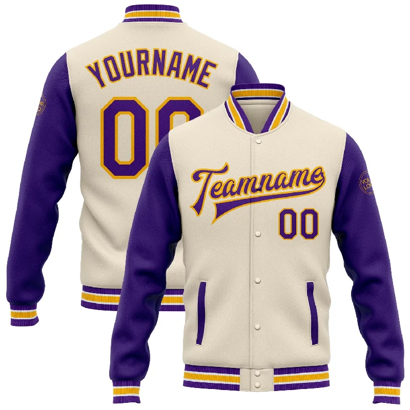 Casual And Trendy Unisex Fashion Staples Daily Deals Custom Cream Purple-Gold Bomber Full-Snap Varsity Letterman Two Tone Jacket Casual And Trendy Unisex Fashion Staples Daily Deals Custom Cream Purple-Gold Bomber Full-Snap Varsity Letterman Two Tone Jacket