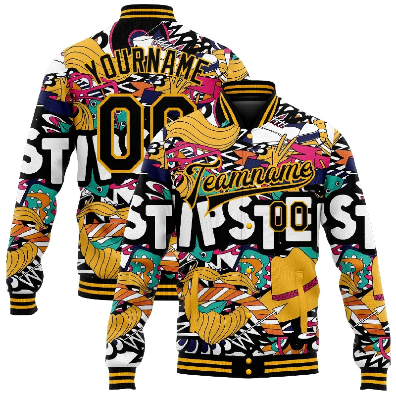 Sustainable Gender-Neutral Apparel Hot Deals Custom Graffiti Pattern Black-Gold Hipster Lifestyle 3D Bomber Full-Snap Varsity Letterman Jacket Sustainable Gender-Neutral Apparel Hot Deals Custom Graffiti Pattern Black-Gold Hipster Lifestyle 3D Bomber Full-Snap Varsity Letterman Jacket