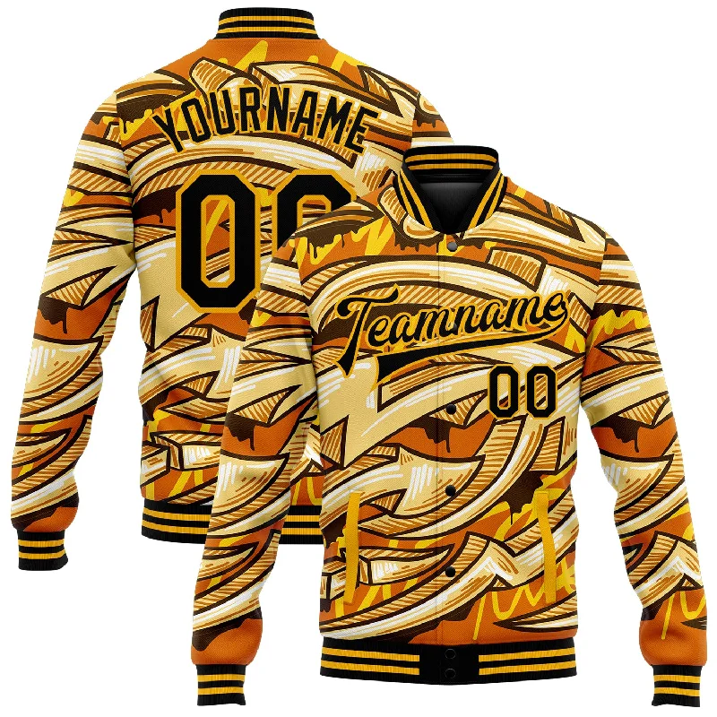 Oversized And Relaxed Unisex Fashion New Season Fashion Preview Sale Custom Graffiti Pattern Black-Gold Bright Colored Funky Abstract Arrows 3D Bomber Full-Snap Varsity Letterman Jacket Oversized And Relaxed Unisex Fashion New Season Fashion Preview Sale Custom Graffiti Pattern Black-Gold Bright Colored Funky Abstract Arrows 3D Bomber Full-Snap Varsity Letterman Jacket