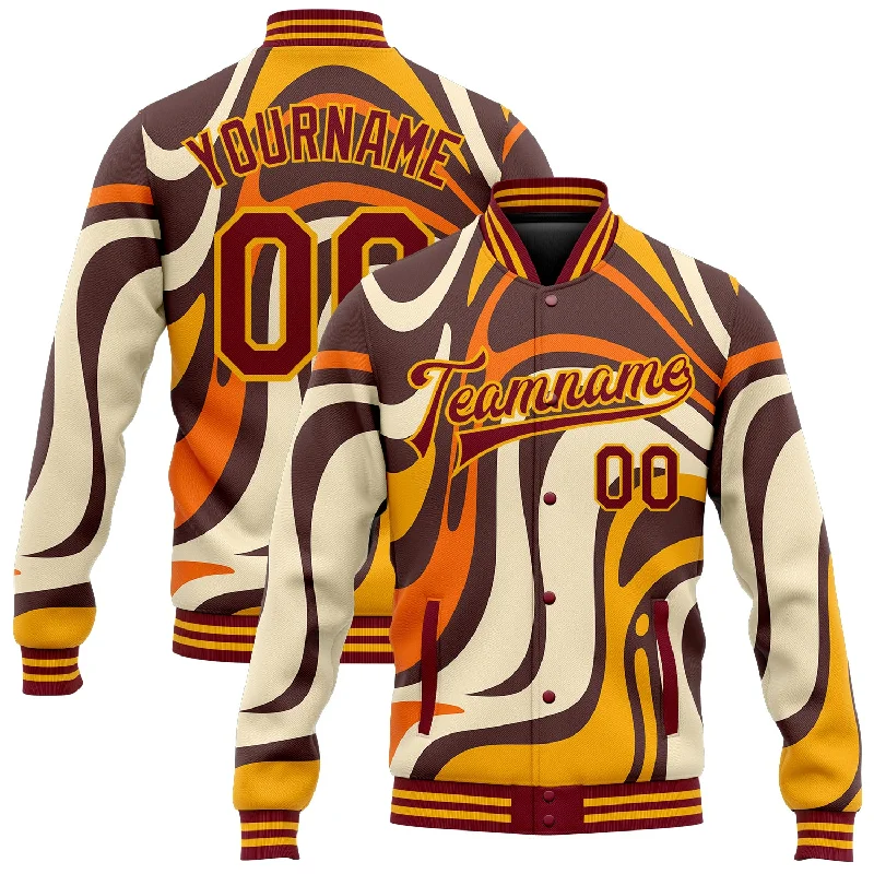 Oversized Unisex Apparel For Effortless Style Flash Sale Now Custom Graffiti Pattern Crimson-Gold Groovy Psychedelic 3D Bomber Full-Snap Varsity Letterman Jacket Oversized Unisex Apparel For Effortless Style Flash Sale Now Custom Graffiti Pattern Crimson-Gold Groovy Psychedelic 3D Bomber Full-Snap Varsity Letterman Jacket