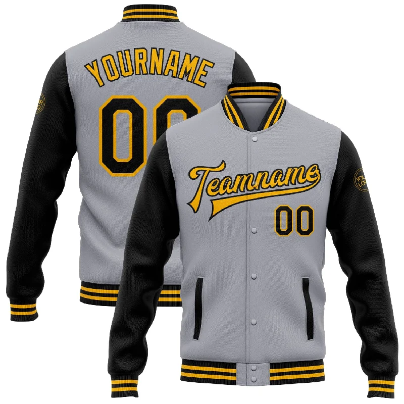 Elegant And Minimal Gender-Free Clothing Unleash Your Trend Driven Style Custom Gray Black-Gold Bomber Full-Snap Varsity Letterman Two Tone Jacket Elegant And Minimal Gender-Free Clothing Unleash Your Trend Driven Style Custom Gray Black-Gold Bomber Full-Snap Varsity Letterman Two Tone Jacket