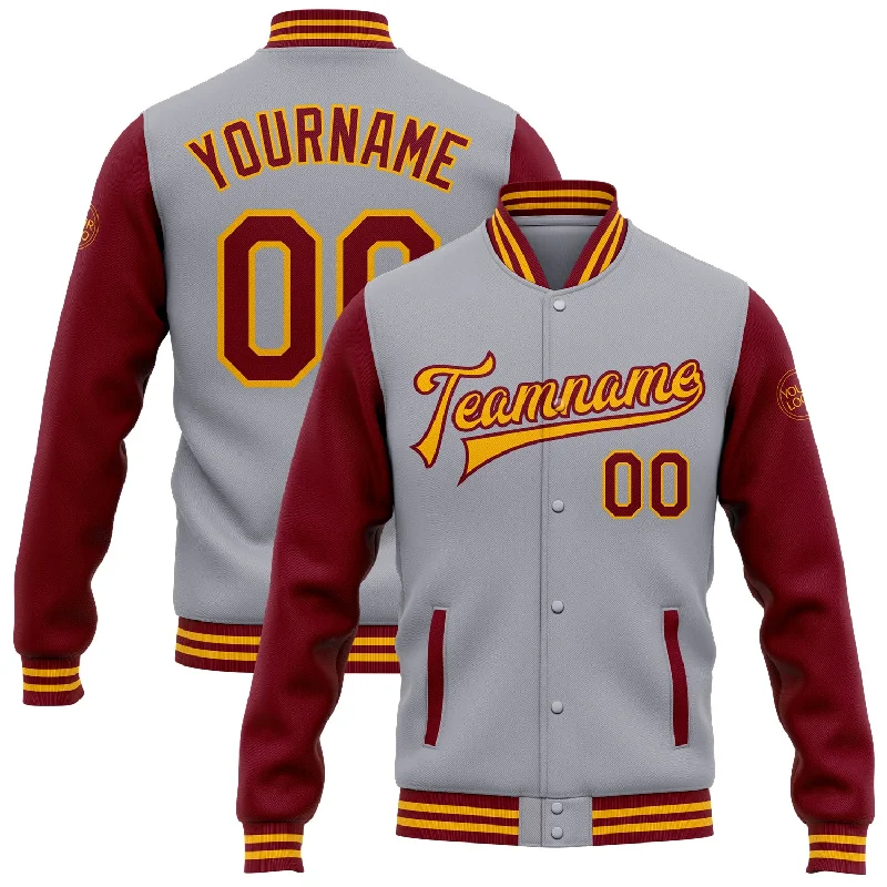 Classic And Timeless Unisex Style New In This Season Custom Gray Crimson-Gold Bomber Full-Snap Varsity Letterman Two Tone Jacket Classic And Timeless Unisex Style New In This Season Custom Gray Crimson-Gold Bomber Full-Snap Varsity Letterman Two Tone Jacket