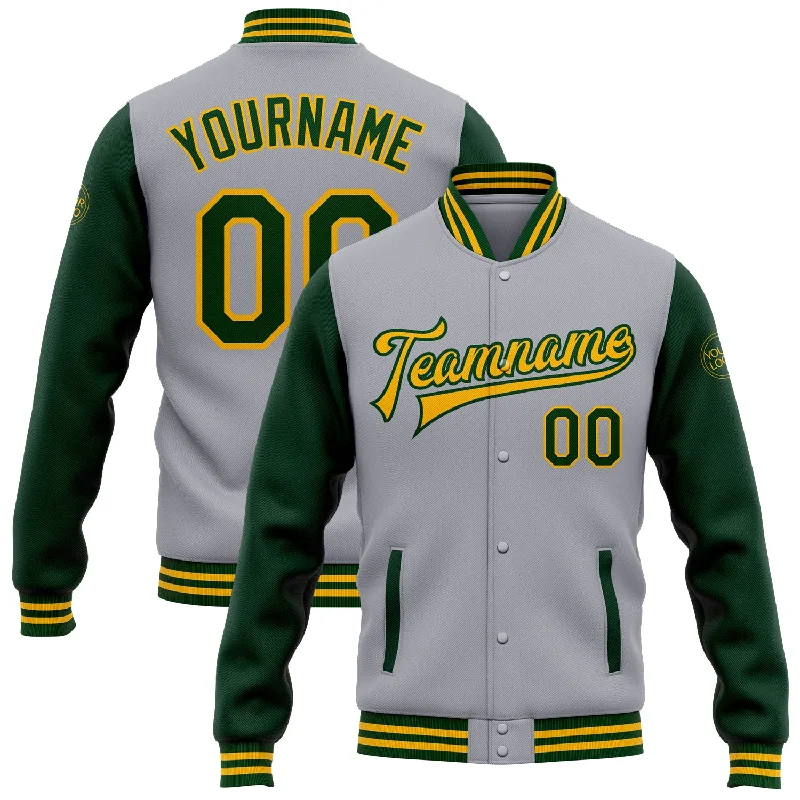 Contemporary Gender-Free Clothing Styles Limited Stock, Big Sale Custom Gray Green-Gold Bomber Full-Snap Varsity Letterman Two Tone Jacket Contemporary Gender-Free Clothing Styles Limited Stock, Big Sale Custom Gray Green-Gold Bomber Full-Snap Varsity Letterman Two Tone Jacket