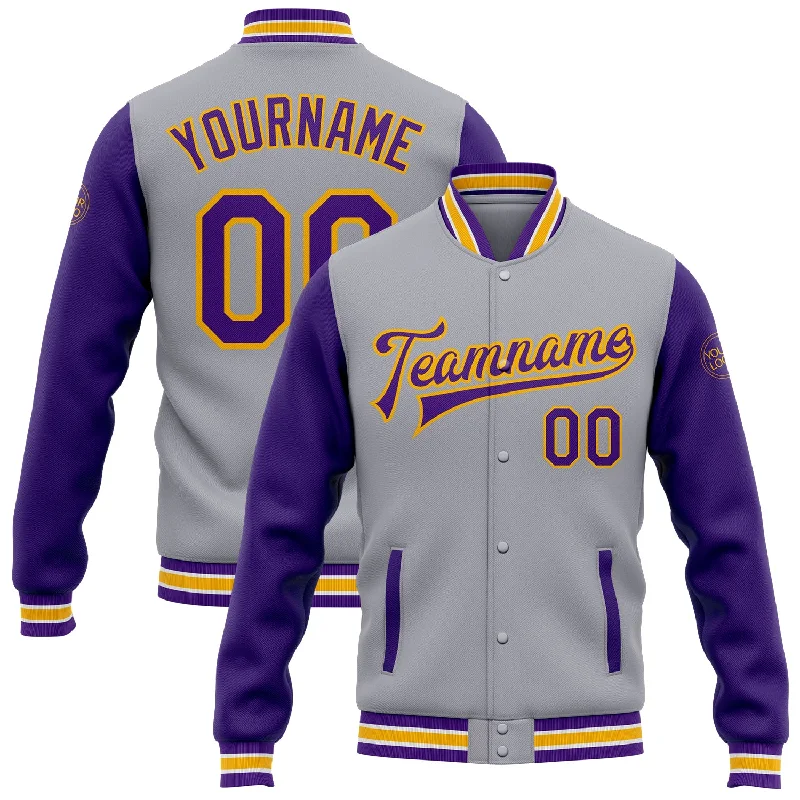 Casual And Trendy Unisex Fashion Staples Vintage-Modern Style Offers Custom Gray Purple-Gold Bomber Full-Snap Varsity Letterman Two Tone Jacket Casual And Trendy Unisex Fashion Staples Vintage-Modern Style Offers Custom Gray Purple-Gold Bomber Full-Snap Varsity Letterman Two Tone Jacket
