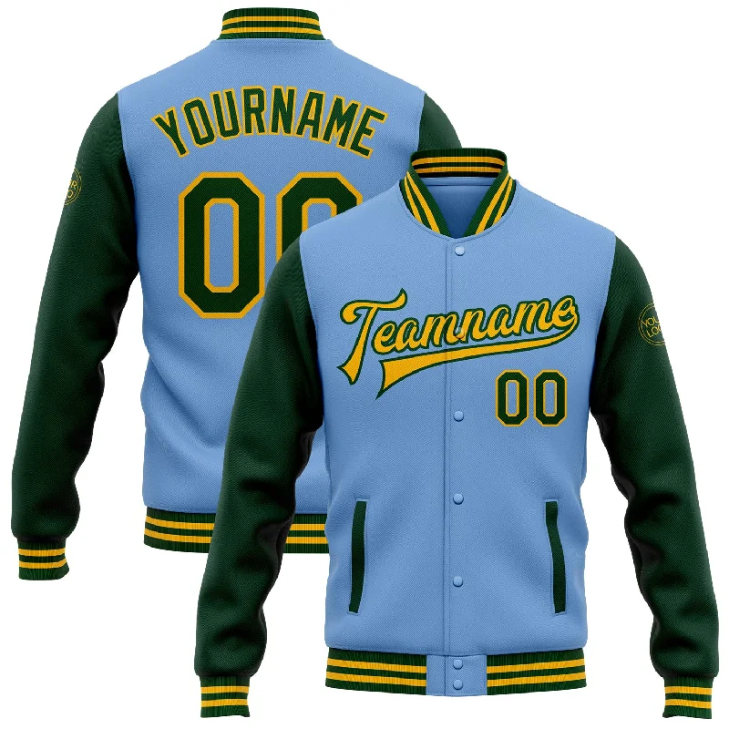 Gender-Neutral Clothing Styles Chic Style Discounts Custom Light Blue Green-Gold Bomber Full-Snap Varsity Letterman Two Tone Jacket Gender-Neutral Clothing Styles Chic Style Discounts Custom Light Blue Green-Gold Bomber Full-Snap Varsity Letterman Two Tone Jacket