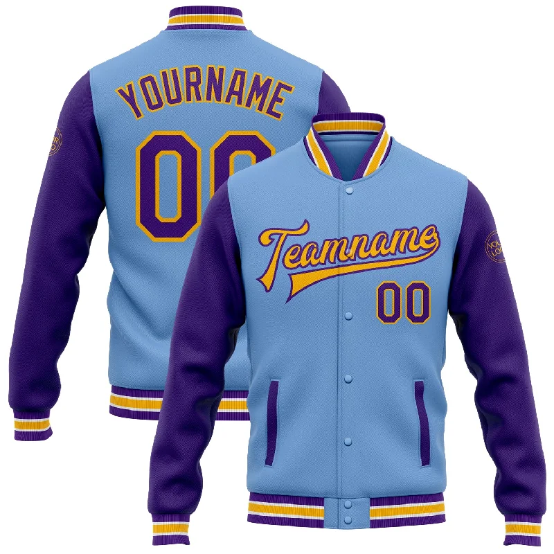 Lightweight And Breathable Unisex Wear Chic & Cozy Collection Custom Light Blue Purple-Gold Bomber Full-Snap Varsity Letterman Two Tone Jacket Lightweight And Breathable Unisex Wear Chic & Cozy Collection Custom Light Blue Purple-Gold Bomber Full-Snap Varsity Letterman Two Tone Jacket