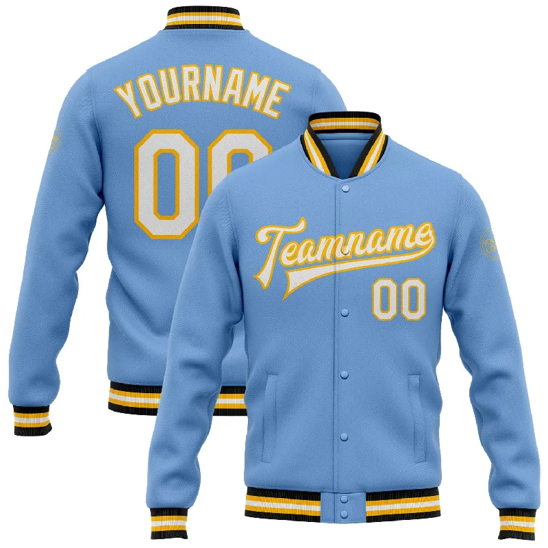 Comfortable Gender-Free Fashion Choices Seize Bargains Custom Light Blue White Gold-Black Bomber Full-Snap Varsity Letterman Jacket