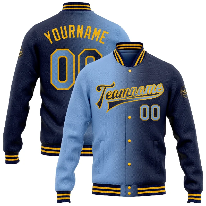 Modern Unisex Wardrobe Staples Special Offers Custom Navy Light Blue-Gold Bomber Full-Snap Varsity Letterman Gradient Fashion Jacket Modern Unisex Wardrobe Staples Special Offers Custom Navy Light Blue-Gold Bomber Full-Snap Varsity Letterman Gradient Fashion Jacket