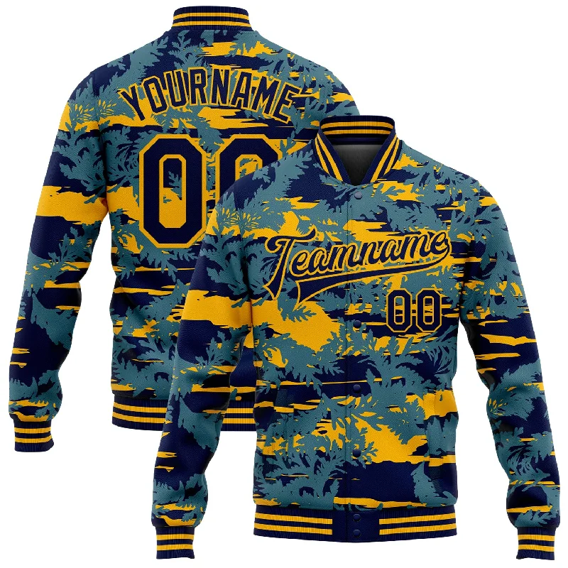 Urban-Inspired Unisex Fashion Trends Timeless Style Promotions Custom Navy Gold Thuja Branch 3D Pattern Design Bomber Full-Snap Varsity Letterman Jacket Urban-Inspired Unisex Fashion Trends Timeless Style Promotions Custom Navy Gold Thuja Branch 3D Pattern Design Bomber Full-Snap Varsity Letterman Jacket