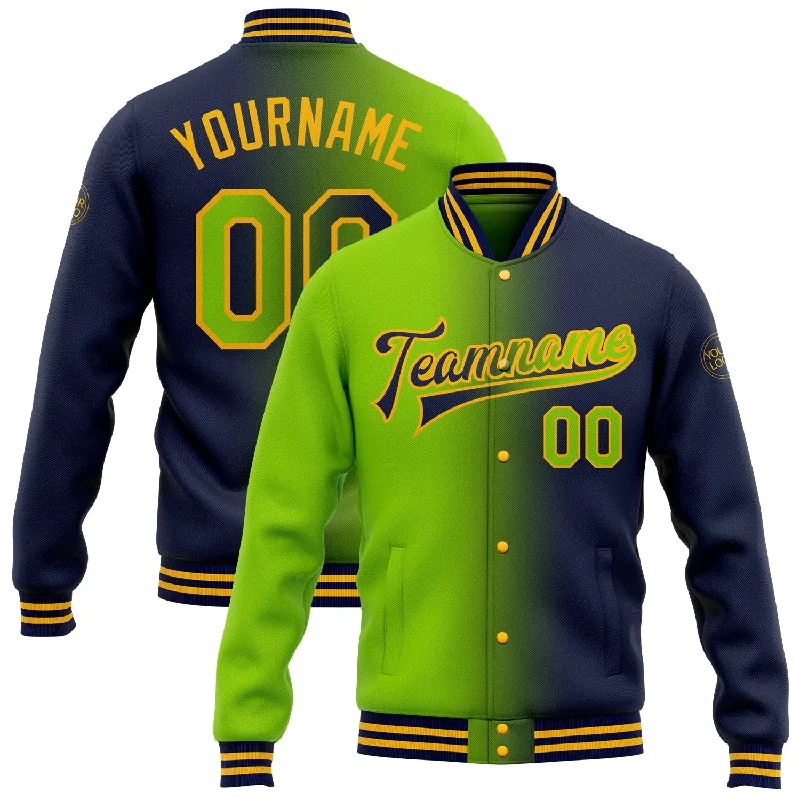 Urban-Inspired Unisex Fashion Pieces Holiday Attire Sale Custom Navy Neon Green-Gold Bomber Full-Snap Varsity Letterman Gradient Fashion Jacket