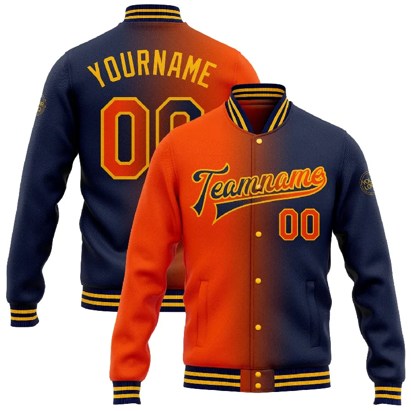 Versatile Clothing For All Genders Seasonal Picks Custom Navy Orange-Gold Bomber Full-Snap Varsity Letterman Gradient Fashion Jacket Versatile Clothing For All Genders Seasonal Picks Custom Navy Orange-Gold Bomber Full-Snap Varsity Letterman Gradient Fashion Jacket