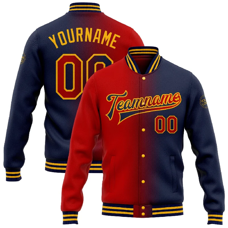 Soft And Breathable Unisex Loungewear Best Sellers Custom Navy Red-Gold Bomber Full-Snap Varsity Letterman Gradient Fashion Jacket Soft And Breathable Unisex Loungewear Best Sellers Custom Navy Red-Gold Bomber Full-Snap Varsity Letterman Gradient Fashion Jacket