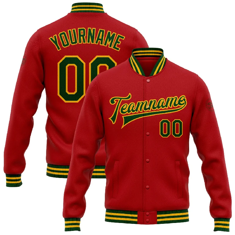 High-Quality Unisex Basics For Everyday Wear Limited Time Offer Custom Red Green-Gold Bomber Full-Snap Varsity Letterman Jacket