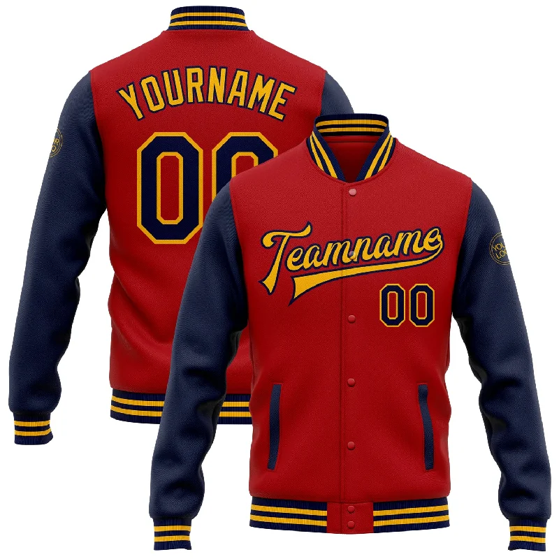 Modern Unisex Clothing For Any Occasion Effortless Style, Endless Impact Custom Red Navy-Gold Bomber Full-Snap Varsity Letterman Two Tone Jacket
