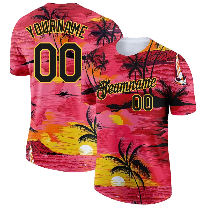 Fashion-Forward Gender-Neutral Outerwear Limited-Time Offer Custom Red Black-Gold 3D Pattern Design Sun Beach Hawaii Palm Trees Performance T-Shirt