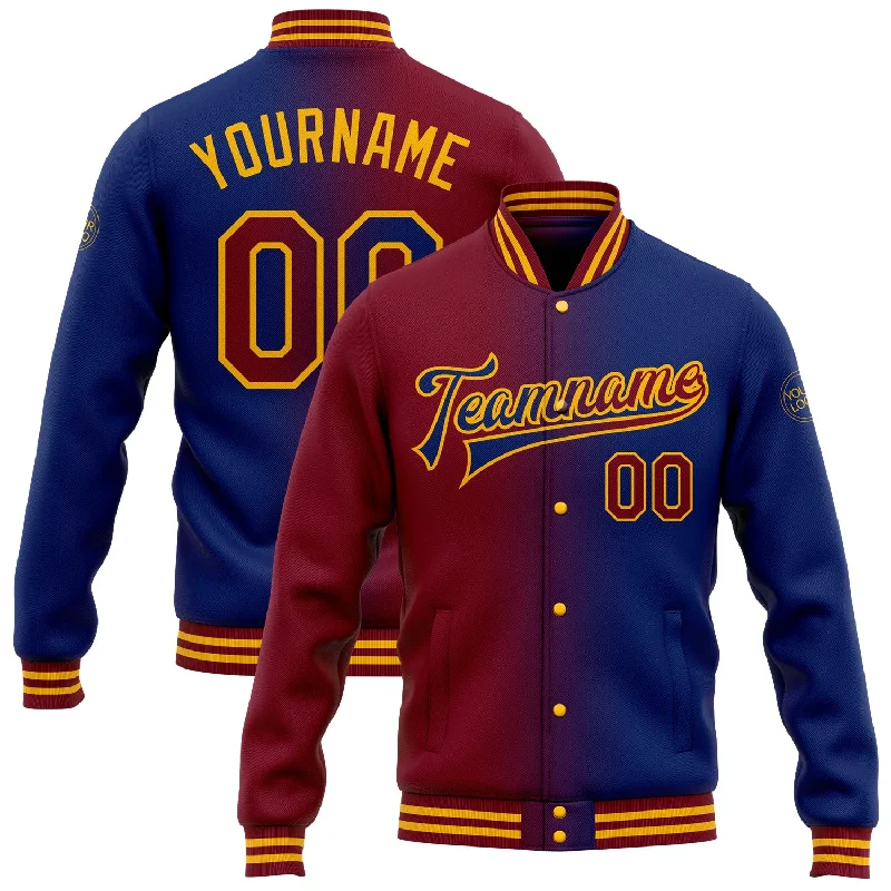 Gender-Neutral Fashion For Everyday Style Hot Sale Custom Royal Crimson-Gold Bomber Full-Snap Varsity Letterman Gradient Fashion Jacket Gender-Neutral Fashion For Everyday Style Hot Sale Custom Royal Crimson-Gold Bomber Full-Snap Varsity Letterman Gradient Fashion Jacket