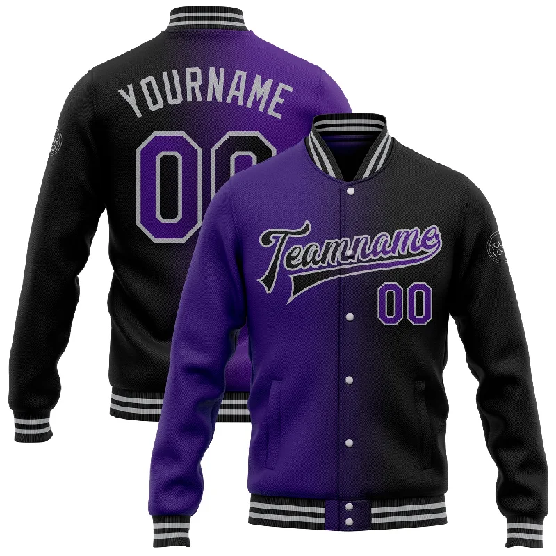 Effortless And Modern Unisex Dressing Chic And Edgy Custom Black Purple-Gray Bomber Full-Snap Varsity Letterman Gradient Fashion Jacket Effortless And Modern Unisex Dressing Chic And Edgy Custom Black Purple-Gray Bomber Full-Snap Varsity Letterman Gradient Fashion Jacket