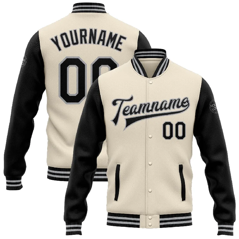 Minimalist Unisex Wardrobe Must-Haves Unleash Your Trendy Side Custom Cream Black-Gray Bomber Full-Snap Varsity Letterman Two Tone Jacket Minimalist Unisex Wardrobe Must-Haves Unleash Your Trendy Side Custom Cream Black-Gray Bomber Full-Snap Varsity Letterman Two Tone Jacket