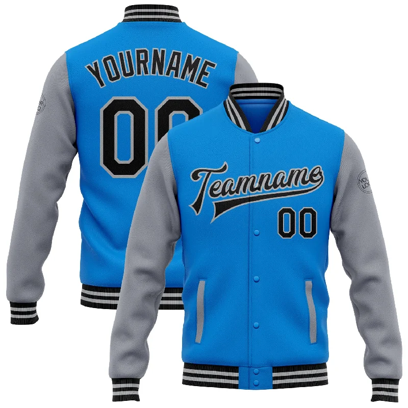 Everyday Wear For Men And Women Modish Fashion Discounts Custom Powder Blue Black-Gray Bomber Full-Snap Varsity Letterman Two Tone Jacket