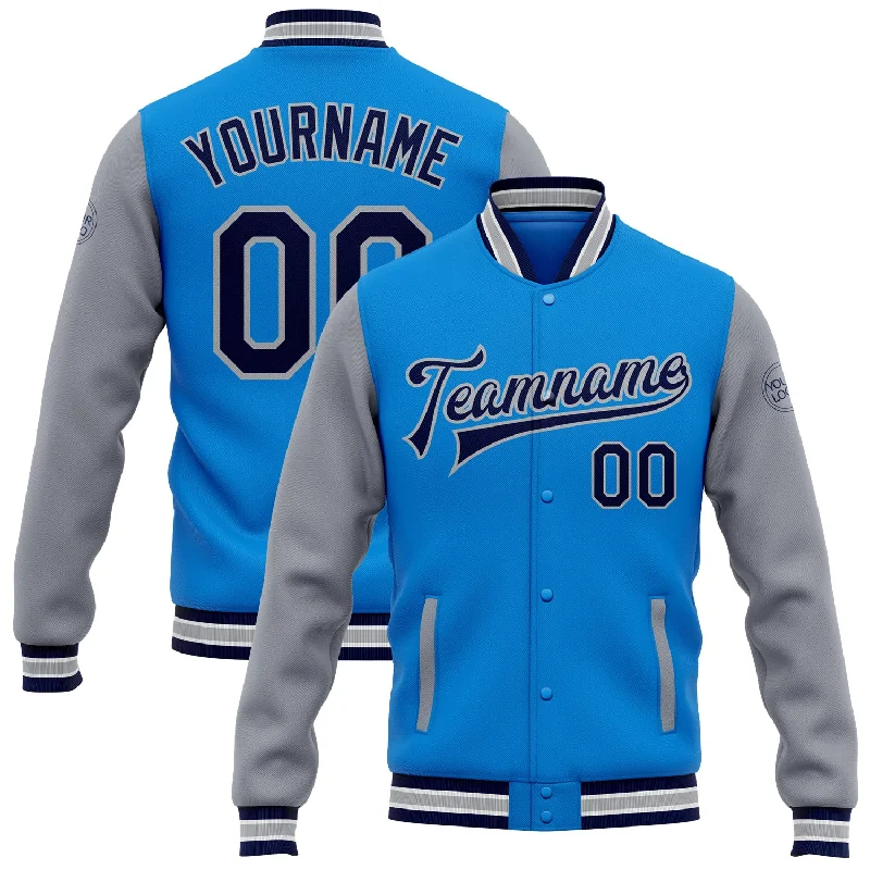 Chic And Casual Unisex Fashion Trends Vintage-Inspired Style Offers Custom Powder Blue Navy-Gray Bomber Full-Snap Varsity Letterman Two Tone Jacket Chic And Casual Unisex Fashion Trends Vintage-Inspired Style Offers Custom Powder Blue Navy-Gray Bomber Full-Snap Varsity Letterman Two Tone Jacket