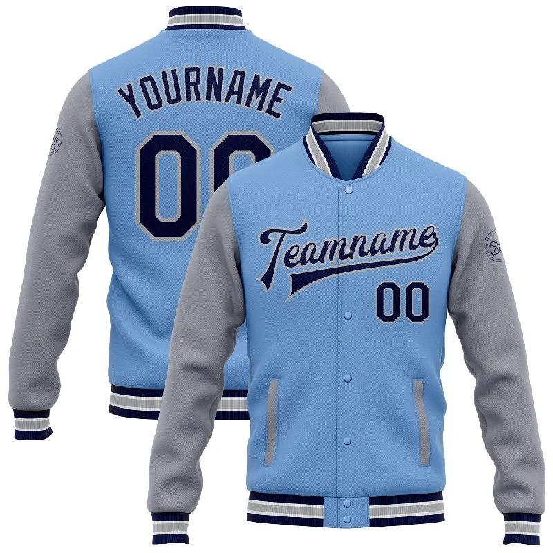 Minimalist Unisex Fashion Must-Haves Limited-Time Offer Custom Light Blue Navy-Gray Bomber Full-Snap Varsity Letterman Two Tone Jacket Minimalist Unisex Fashion Must-Haves Limited-Time Offer Custom Light Blue Navy-Gray Bomber Full-Snap Varsity Letterman Two Tone Jacket