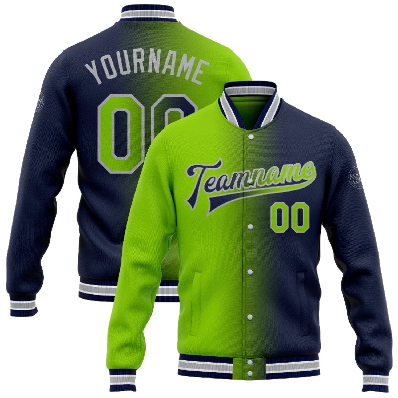 Fashion-Forward Gender-Neutral Outerwear Discount Extravaganza Custom Navy Neon Green-Gray Bomber Full-Snap Varsity Letterman Gradient Fashion Jacket Fashion-Forward Gender-Neutral Outerwear Discount Extravaganza Custom Navy Neon Green-Gray Bomber Full-Snap Varsity Letterman Gradient Fashion Jacket