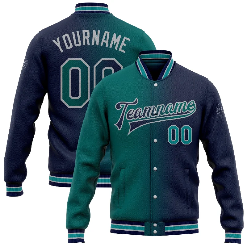 Chic And Casual Unisex Fashion Trends Swimwear Summer Blowout Custom Navy Teal-Gray Bomber Full-Snap Varsity Letterman Gradient Fashion Jacket