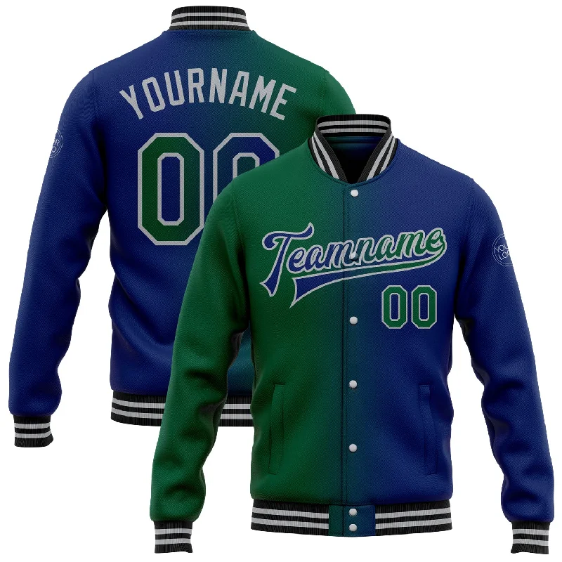 Sleek And Stylish Unisex Outerwear The Good Stuff Custom Royal Kelly Green-Gray Bomber Full-Snap Varsity Letterman Gradient Fashion Jacket Sleek And Stylish Unisex Outerwear The Good Stuff Custom Royal Kelly Green-Gray Bomber Full-Snap Varsity Letterman Gradient Fashion Jacket