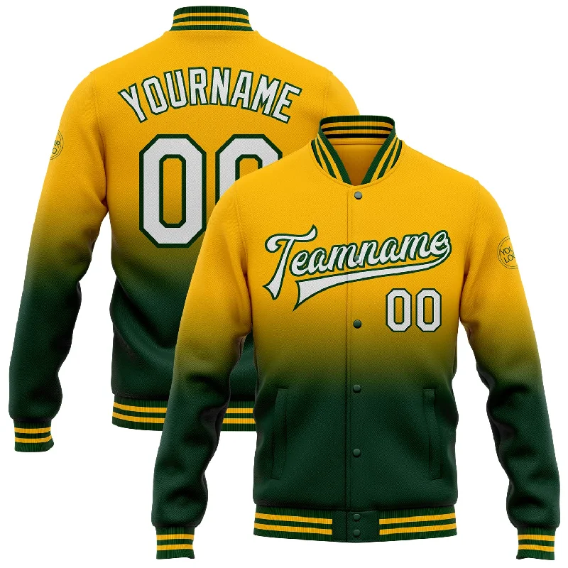 Casual Yet Sophisticated Unisex Fashion Hot Styles Custom Gold White-Green Bomber Full-Snap Varsity Letterman Fade Fashion Jacket Casual Yet Sophisticated Unisex Fashion Hot Styles Custom Gold White-Green Bomber Full-Snap Varsity Letterman Fade Fashion Jacket