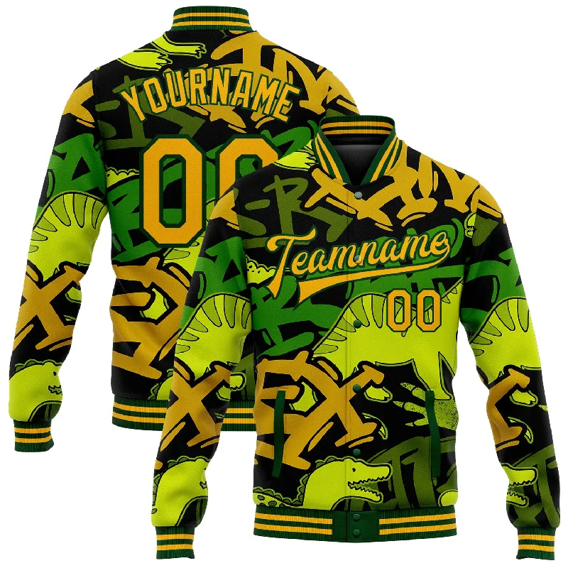 Comfortable Unisex Streetwear Daily Deals Custom Graffiti Pattern Gold-Green Grunge Art With Dinosaur And Words 3D Bomber Full-Snap Varsity Letterman Jacket Comfortable Unisex Streetwear Daily Deals Custom Graffiti Pattern Gold-Green Grunge Art With Dinosaur And Words 3D Bomber Full-Snap Varsity Letterman Jacket