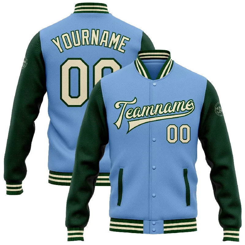 Versatile Unisex Layering Pieces Imeless Style Custom Light Blue Cream-Green Bomber Full-Snap Varsity Letterman Two Tone Jacket Versatile Unisex Layering Pieces Imeless Style Custom Light Blue Cream-Green Bomber Full-Snap Varsity Letterman Two Tone Jacket