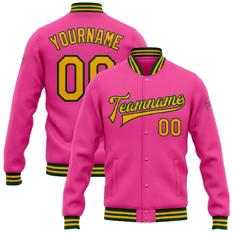 Gender-Neutral Clothing Styles Embrace New Fashion Custom Pink Gold-Green Bomber Full-Snap Varsity Letterman Jacket