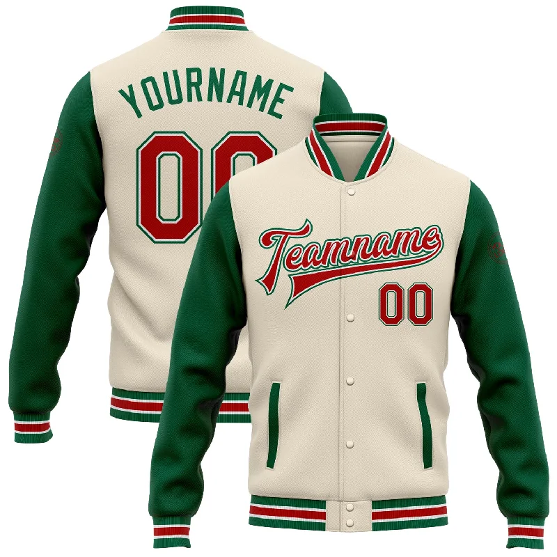 Versatile Unisex Layering Pieces Buy More, Save More Custom Cream Red-Kelly Green Bomber Full-Snap Varsity Letterman Two Tone Jacket