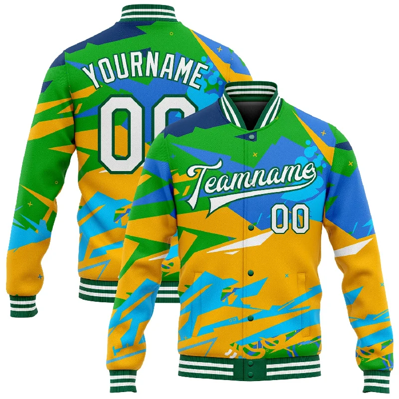 Sustainable Gender-Neutral Apparel Fashion Frontiers Custom Graffiti Pattern White-Kelly Green Hiphop Abstract Urban Street Art 3D Bomber Full-Snap Varsity Letterman Jacket Sustainable Gender-Neutral Apparel Fashion Frontiers Custom Graffiti Pattern White-Kelly Green Hiphop Abstract Urban Street Art 3D Bomber Full-Snap Varsity Letterman Jacket