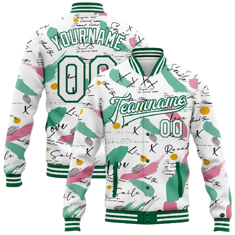 Fashion-Forward Unisex Apparel Spring Offer Custom Graffiti Pattern White-Kelly Green Grunge Art 3D Bomber Full-Snap Varsity Letterman Jacket Fashion-Forward Unisex Apparel Spring Offer Custom Graffiti Pattern White-Kelly Green Grunge Art 3D Bomber Full-Snap Varsity Letterman Jacket
