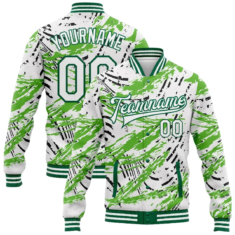 Classic Unisex Fashion Looks Limited Edition Custom Graffiti Pattern White-Kelly Green Grunge Art 3D Bomber Full-Snap Varsity Letterman Jacket Classic Unisex Fashion Looks Limited Edition Custom Graffiti Pattern White-Kelly Green Grunge Art 3D Bomber Full-Snap Varsity Letterman Jacket