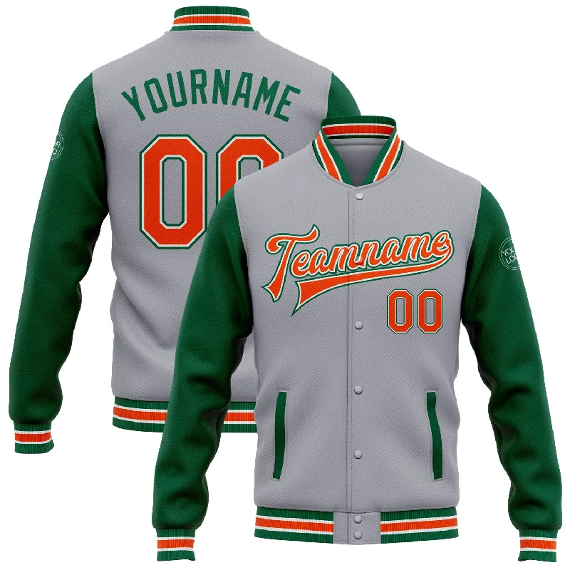 Contemporary Gender-Free Clothing Styles Style Without Limits Custom Gray Orange-Kelly Green Bomber Full-Snap Varsity Letterman Two Tone Jacket Contemporary Gender-Free Clothing Styles Style Without Limits Custom Gray Orange-Kelly Green Bomber Full-Snap Varsity Letterman Two Tone Jacket