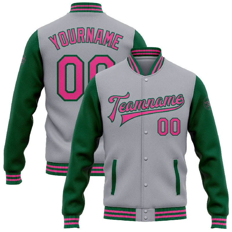 Gender-Neutral Fashion For Everyday Style Sustainable Fashion Extravaganza Custom Gray Pink-Kelly Green Bomber Full-Snap Varsity Letterman Two Tone Jacket Gender-Neutral Fashion For Everyday Style Sustainable Fashion Extravaganza Custom Gray Pink-Kelly Green Bomber Full-Snap Varsity Letterman Two Tone Jacket
