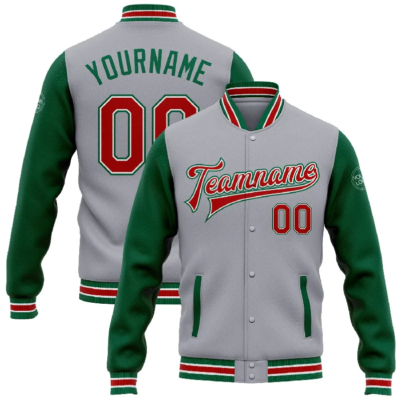 High-Quality Unisex Fashion Basics Discount Extravaganza Custom Gray Red-Kelly Green Bomber Full-Snap Varsity Letterman Two Tone Jacket High-Quality Unisex Fashion Basics Discount Extravaganza Custom Gray Red-Kelly Green Bomber Full-Snap Varsity Letterman Two Tone Jacket
